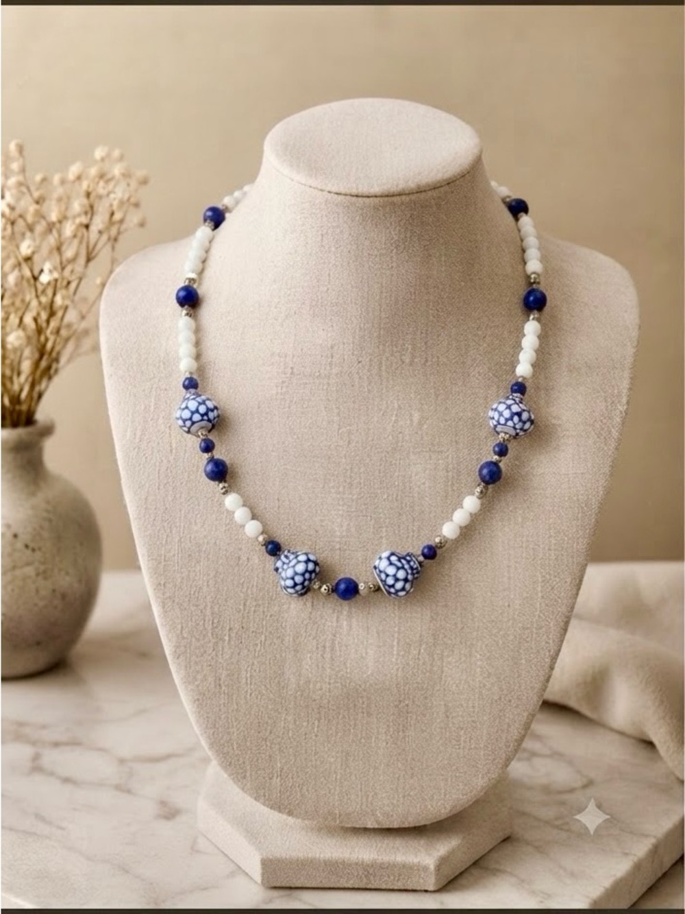 Cottagecore Blue & White Porcelain-Inspired Beaded Necklace